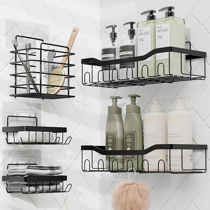 Clara Clark Bathroom Set - Christmas Bathroom Accessories Set, 11PC Bathroom Accessory Set, Christmas Bathroom Sets with Adhesive Corner Shower Caddy Hanging, Toilet Brush, Trash Can & Soap Dispenser