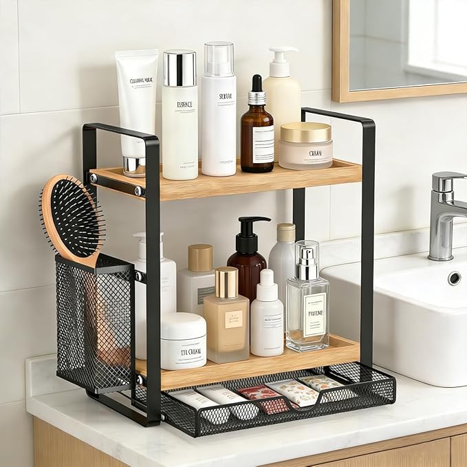 2 Tier Spice Rack Organizer for Countertop with Drawer and Basket, Suitable for Coffee Organizer, Kitchen Counter Storage, Bathroom Storage
