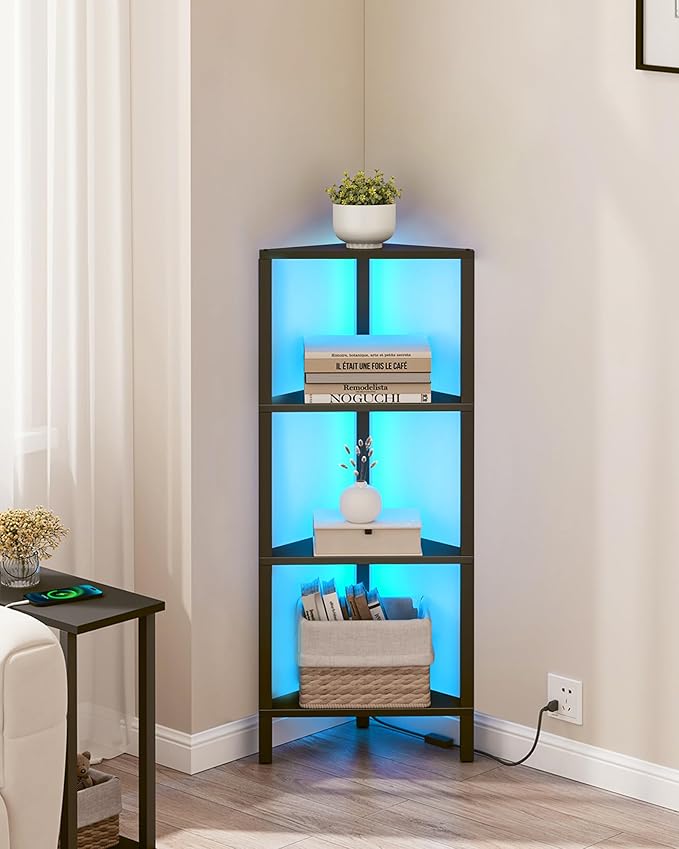 TUTOTAK Corner Shelf, 4-Tier Corner Bookshelf for Small Space, Narrow Display Corner Shelf Stand with Storage Rack, for Living Room, Bedroom, Black BS05BK004L