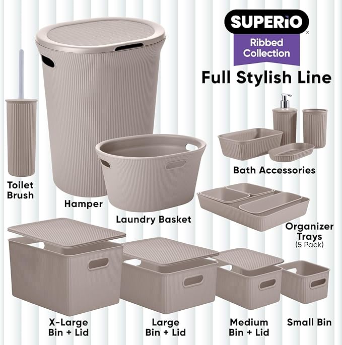 Decorative Plastic Basket Open Home Storage Bins Organizer, Large Taupe (6 Pack) Container Boxes for Organizing Closet Storage Bins for Shelves Drawer Shelf - Ribbed Collection 15 Liter/16 Quart