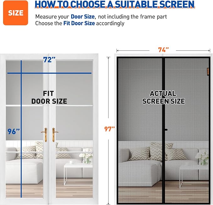 MAGZO Magnetic Screen Door Fit Door Size 72 x 96 Inch, Actual Screen Size 74" x 97" Polyester Screen Curtain with Full Frame Hook&Loop, Black