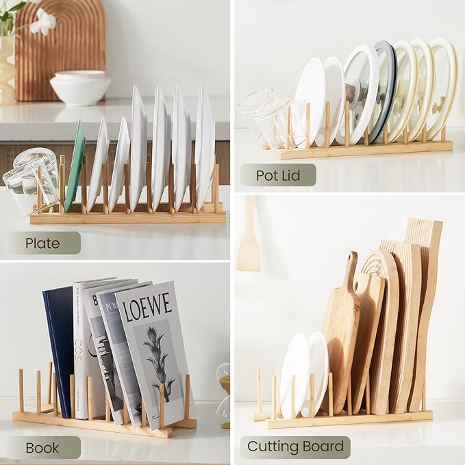 Bamboo Wooden Dish Rack-Plate Pot Lid Cutting Board Organizer Holder Rack for Cabinet-Kitchen Cabinet Organizer for Dish, Pots, Lids, Bowls, Bottles, Books, and Puzzle