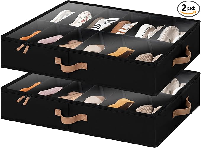 StorageWorks Shoe Organizer for Closet, Fits up to 24 Pairs, 2-Pack Ultra-thick Fabric Under Bed Shoe Storage Containers with Bottom Support and Adjustable Dividers, Black