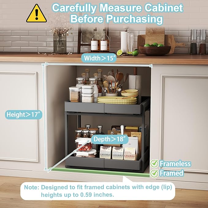 Golener 2-Tier Expandable Pull Out Cabinet Organizer - Pull-Out Drawers for Kitchen Cabinets, 2 Slide Home Storage Organizers, Slide Out Shelves for Base Cabinet Organization in Kitchen, Black Metal