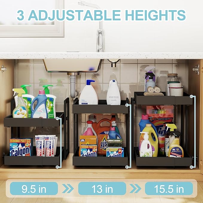 Golener 2-Tier Expandable Pull Out Cabinet Organizer - Pull-Out Drawers for Kitchen Cabinets, 2 Slide Home Storage Organizers, Slide Out Shelves for Base Cabinet Organization in Kitchen, Black Metal