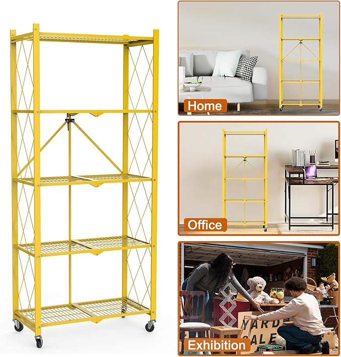 5 Tier Foldable Metal Storage Shelf with Wheels, 500 LBS Heavy Duty Collapsible Wire Shelving Unit, Rolling Utility Rack Cube Bookshelf for Kitchen Pantry Office Garage, 64" x 13" x 27" Gold