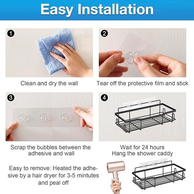 Upgraded Shower Caddy Adhesive Replacement,Strong Adhesive Hooks for Shower Caddy, Waterproof Shower Shelf Adhesive, Shower Adhesive Strips for Shower Organizer and Kitchen Racks (14 Pcs (Mix Hooks))