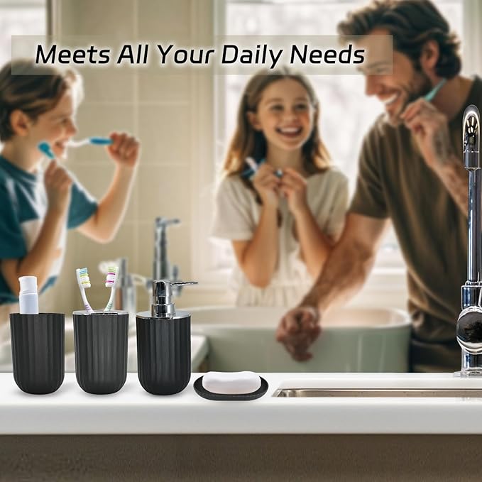 Black Bathroom Accessories Set, 9-Piece Bathroom Accessory Sets Complete with Trash Can, Shower Curtain, Vanity Tray, Soap Dispenser, Soap Dish, Toothbrush Holder, Toothbrush Cup and Toilet Brush