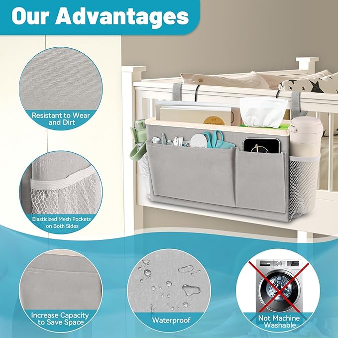 BlissTotes Bedside Caddy, Bedside Storage Organizer for Bunk Bed Accessories, Dorm Storage for Bedside Shelf and Bunk Bed Shelf, Bed Caddy for Home, Dorm, Bunk (Light Gray, 2 Pack)