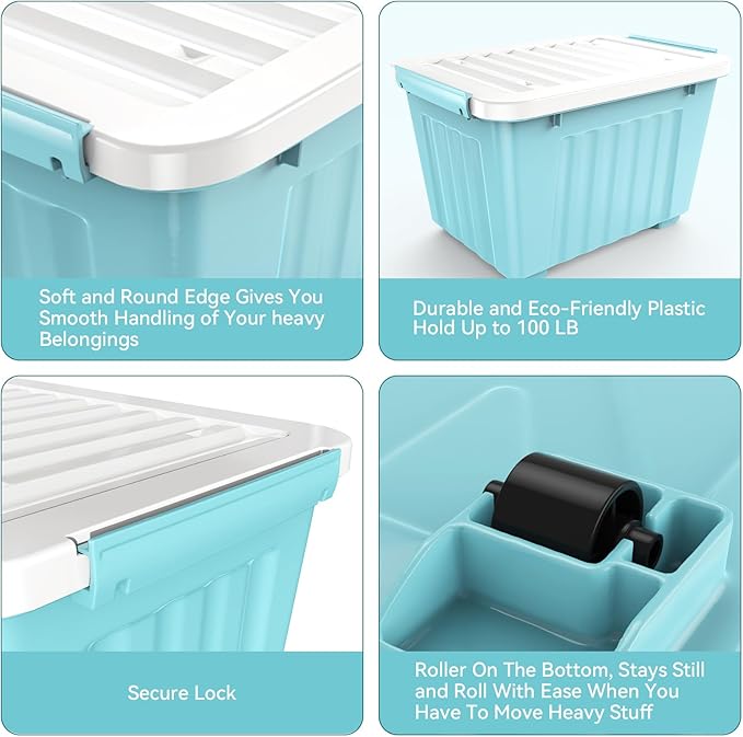 Nazhura 97 Quart Plastic Storage Bin, Blue Stackable and Nestable Storage Boxes with White Lids and Secure Latching Buckles, Large Storage Container, 97 Qt-4 Pack (Blue, 97Quart-4Pack)
