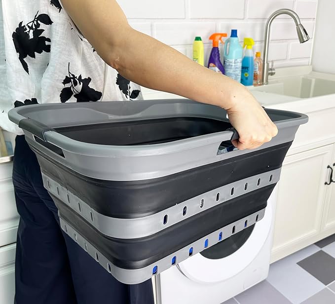 SAMMART 42 (11 Gallons) Collapsible Plastic Laundry Basket, Foldable Pop Up Storage Container/Organizer, Space Saving Hamper, Portable Bin for Dorm Room Bathroom (1, Grey/Black)