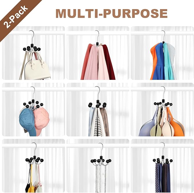 TOPIA HANGER Hoodie Hangers 2-Pack with 6 Wood Balls, 360°Swivel Purse Hanger, Scarf Hanger, Closet Hooks, Handbag Organizer, Bra Hanger, Accessory Organizers for Scarf, Tanktop, Hat, Hoodie CT43B