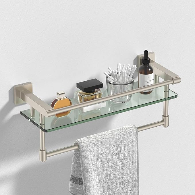 SFGSOWOR 16-Inch Modern Glass Shelf with Towel Bar, 1-Shelf, Brushed Nickel Finish, Wall Mount, Bathroom Organizer