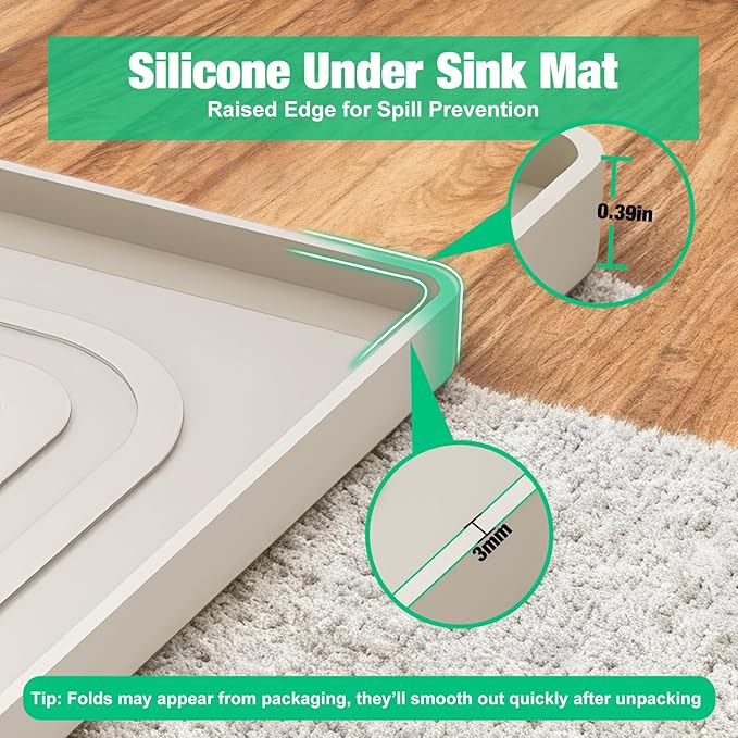 Aisslro Under Sink Mat 34" X 22", Waterproof Silicone Cabinet Organizer Protector with Raised Edge, Kitchen & Bathroom Leak Tray, Shelf Liner & Pet Feeding Mat for Dog Cat Food Mats, Beige