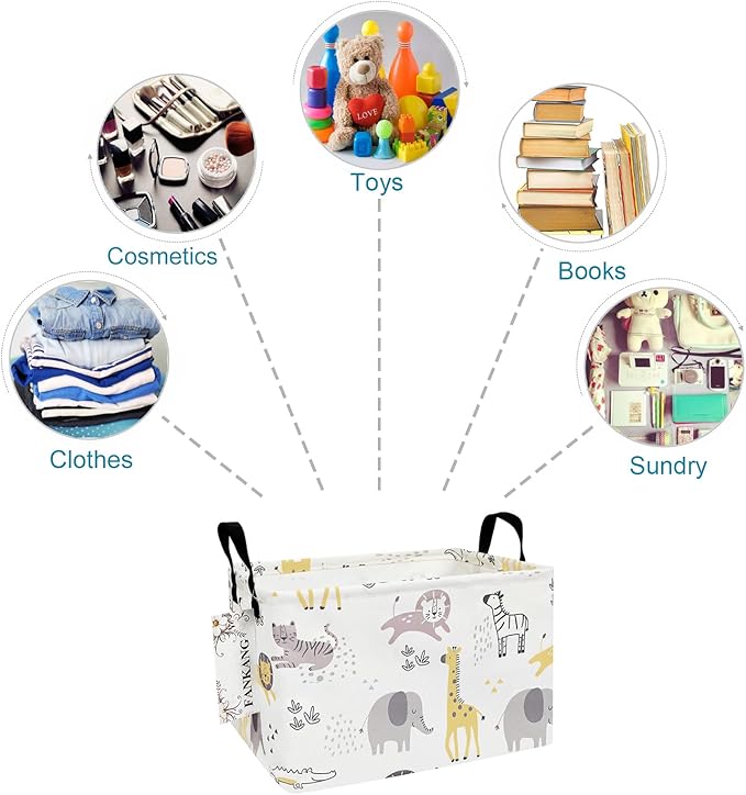 FANKANG Storage Bins, Nursery Hamper Canvas Laundry Basket Foldable with Waterproof PE Coating Large Storage Baskets for Kids Boys and Girls, Office, Bedroom, Clothes,Toys(Rec-Lovely Animals ）