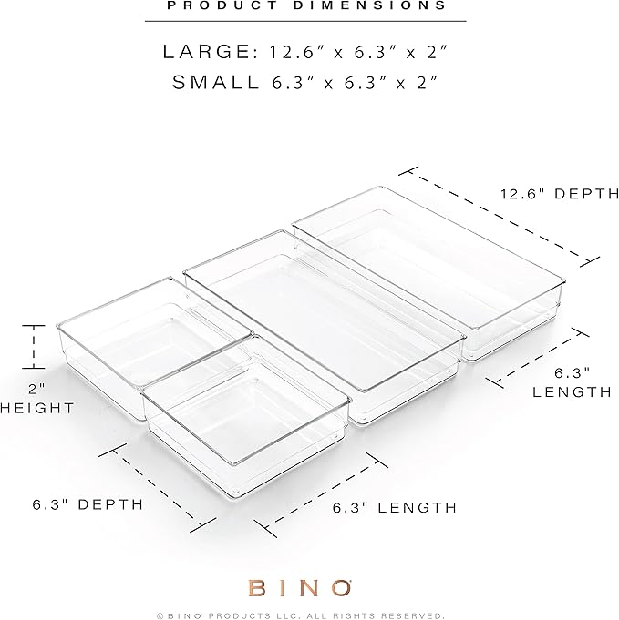 BINO | 4-Piece Drawer Organizer Bin Set | THE MODULAR | Multi-Purpose Storage | Durable | BPA-Free | Desk Drawer Organizer | Vanity Bathroom Makeup