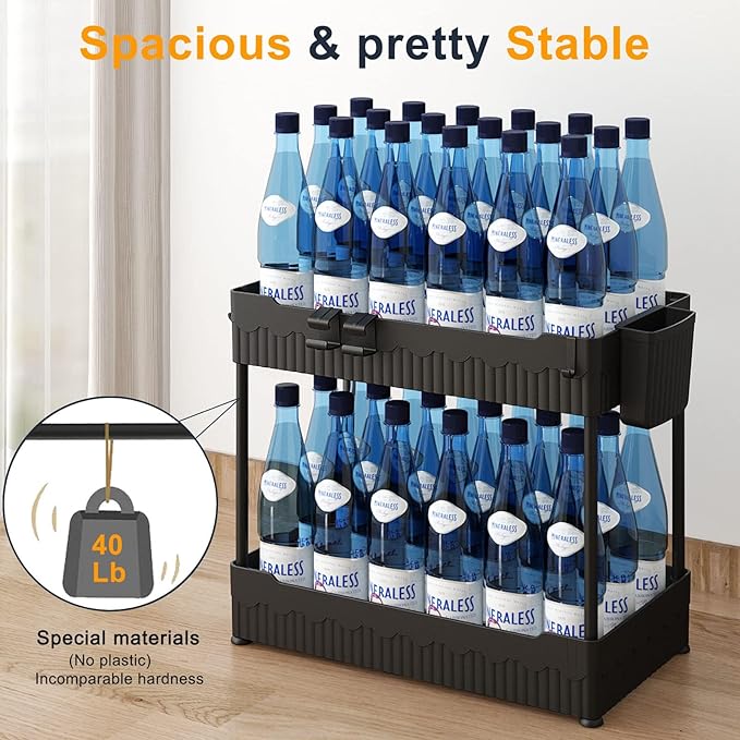 2 Pack Under Sink Organizer, Under Bathroom Cabinet Organizer with Hooks Hanging Cup, Multi-Purpose Storage Shelf for Kitchen Bathroom, Black