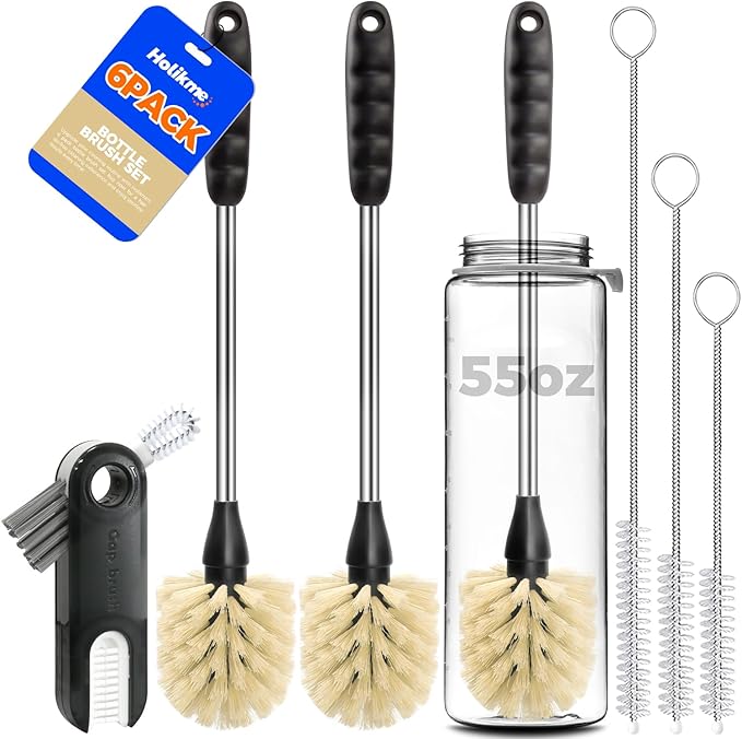 Holikme 6 Pack Bottle Brush Tube Set, 14" Long Handle Stainless Steel Bottle Cleaner Brush, 3 Straw Brushes, Portable 3-in-1 Bottle Cleaning Brush for Water Bottle, Cups, Baby Bottle, Straws Yellow