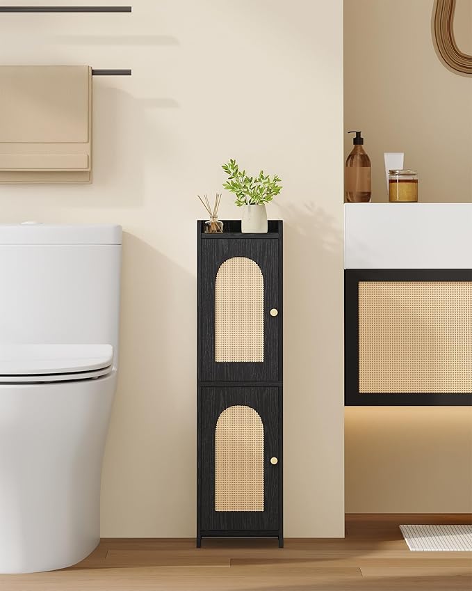 Bathroom Storage Cabinet, Small Corner Floor Cabinet with 2 Doors and Adjustable Shelf, Narrow Toilet Paper Cabinets, Bathroom Organizer for Small Spaces, 7.9"D x 7.9"W x 29.5"H Rattan Black