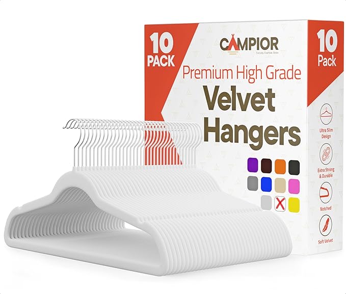 White Velvet Hangers 10 Pack – 360° Swivel Hook, Non-Slip and Space Saving Hangers, Heavy-Duty 11 lbs Weight Capacity - Smooth Velvet Finish for Crease-Free Clothes and Effortless Closet Organization