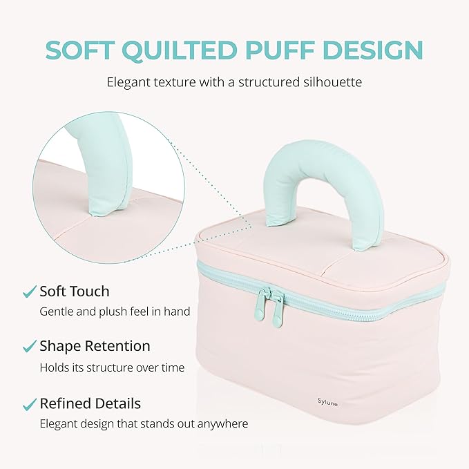 Tuck Hanging Toiletry Bag - Water-Resistant Travel Makeup Organizer with Spacious Compartments & Padded Handle for Women (Blush Petal & Mint) (Puffy Makeup Bag)