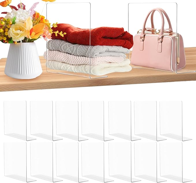 16 Pcs Shelf Dividers for Closet Organization, 10" Tall x 12" Deep Acrylic Shelf Clothes Separators Clear Closet Shelf Dividers Adjustable Sturdy Separate for Clothes Purse Book Hat and Handbag