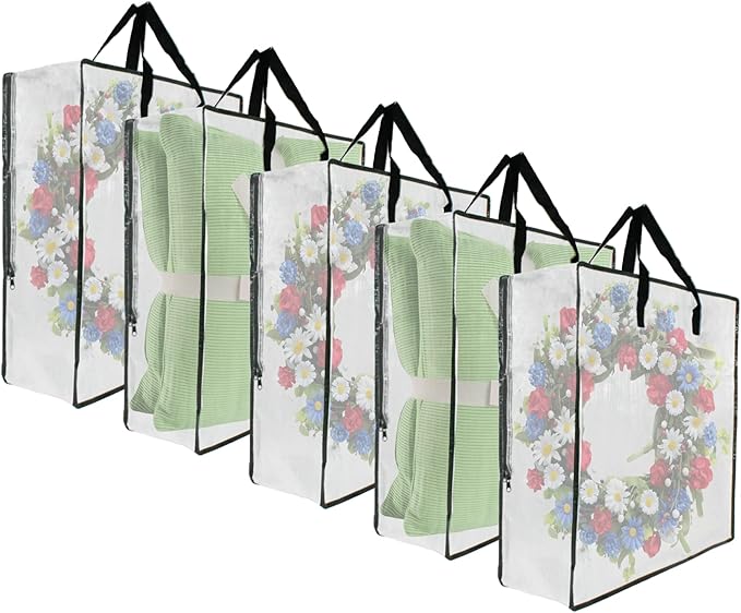 5 Pack Moving Bags, Wreath Storage Bag, Garland Container, Clear Storage Bags with Handles and Zippers Moving Bag for College Carrying, Bedding, Toys Organizer, Under the Bed Storage