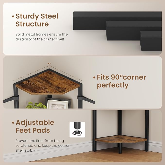 Corner Shelf, 3-Tier Industrial Corner Bookshelf with Metal Frame, Multipurpose Corner Display Rack for Living Room Kitchen Bedroom Office Organization and Storage, Rustic Brown