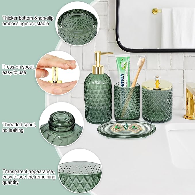 Bathroom Accessories Set, 4Pcs Sage Green Glass Bathroom Accessory Set Complete w/Lotion Soap Dispenser, Toothbrush Holder, Qtip Holder, Soap Dish, Gold Bathroom Decor Sets, Gift for Home Apartment