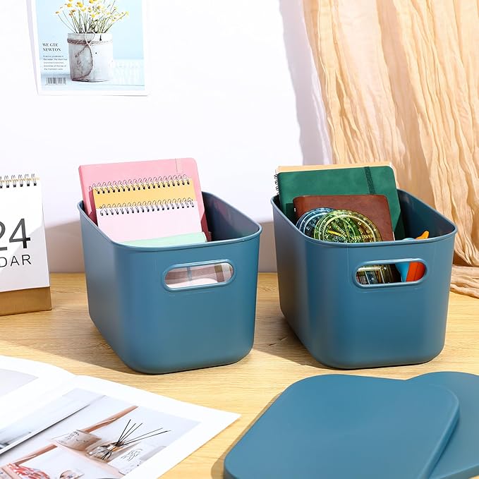 Hoolerry 8 Pieces Colorful Storage Bins with Lid, Plastic Storage Basket Organizing Container Stackable Box with Handle for Shelves Desktop Playroom Office(10.2 x 7 x 6.3 Inch,Blue)