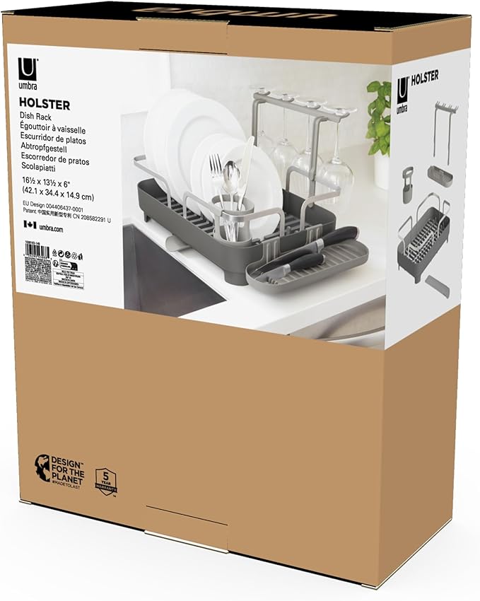 Umbra Holster Dish Rack– Molded Plastic Dish Drying Rack with Drainage Spout, Charcoal
