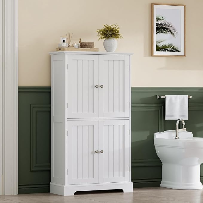 ChooChoo Bathroom Floor Cabinet, Modern Bathroom Storage Cabinet with 4 Doors and Adjustable Shelves, Freestanding Cupboard for Living Room, Kitchen Pantry, White