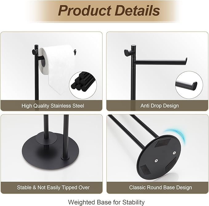 BVL Toilet Paper Holder Stand, Matte Black with Extra Heavy Base, Holds 5 Rolls, Waterproof Pad, Minimalist Design, 304 Stainless Steel, Rustproof & Space-Saving with Hook