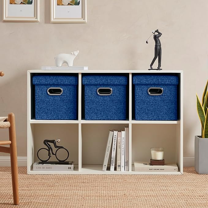 Ornavo Home 12 Inches Small Storage Ottoman with Handles, Foldable Collapsible Cube Square Linen Ottoman Foot Rest Stool Seat, for Living Room, Bedroom, Home Office, Dorm, Navy Blue