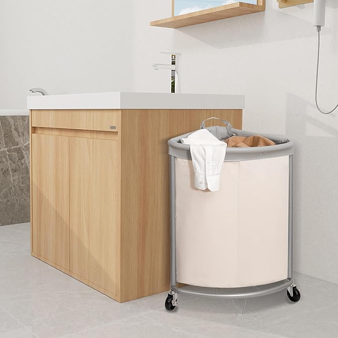 STORAGE MANIAC Corner Laundry Hamper, 110L Commercial Laundry Hamper with Heavy Duty Steel Frame and Removable Bag, Industrial Rolling Laundry Sorter, Heavy Duty Laundry Basket Organizer, Beige
