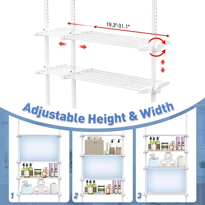 Over The Toilet Storage Shelf, 4-Tier Adjustable Over Toilet Bathroom Organizer,Tension-Mounted Bathroom Storage Rack for Ceilings, No Drill Space-Saving Shelving for Small Rooms,White
