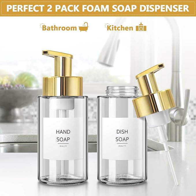 Foaming Soap Dispenser, 10 oz/300ml Gold Soap Dispenser, 2 Pack Glass Foaming Hand Dispenser for Bathroom & Kitchen, Clear Refillable Foam Bottle with Waterproof Labels