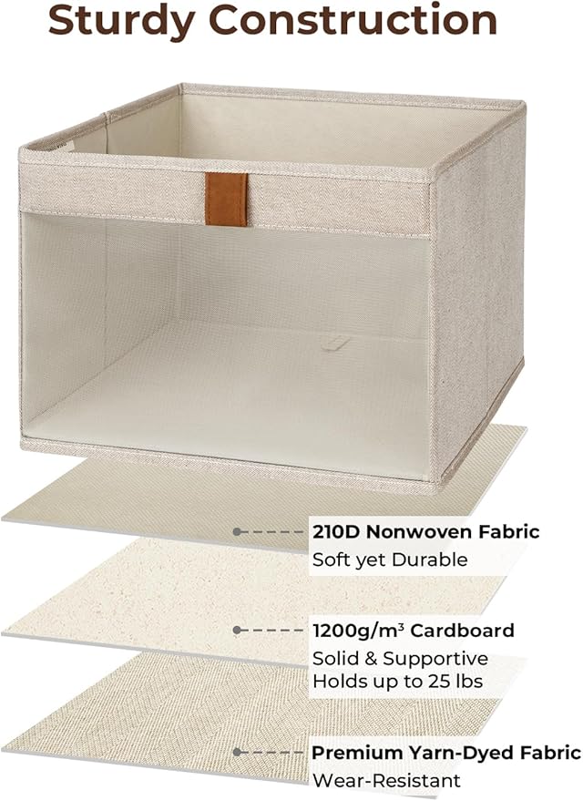 StorageWorks Closet Storage Bins, Large Storage Baskets with Clear Window and Handles, Foldable Fabric Organizer for Clothes, Shelves, Brown and Beige, 3 Pack