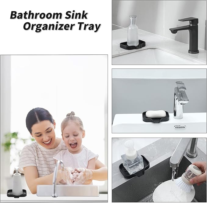 MicoYang Silicone Bathroom Soap Dishes with Drain Spout-Bathroom and Kitchen Sink Organizer,Sponge Holder,Dish Soap Tray,Perfect for Dispenser,Scrubber,Bottle,Cup on Sink or Counter-Black 4.9"×3.2"