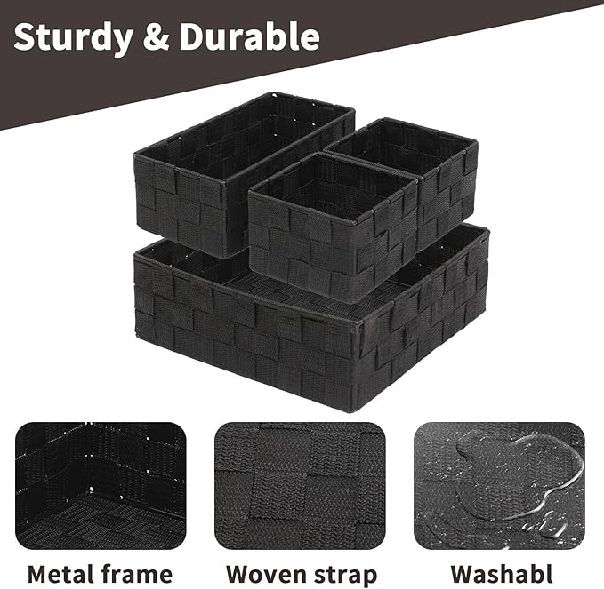 Woven Storage Baskets Set of 4, Stackable Fabric Storage Bins with Metal Frame for Closet, Shelf, Drawer, Nursery, and Office Organization – Polypropylene Organizer Boxes, Black