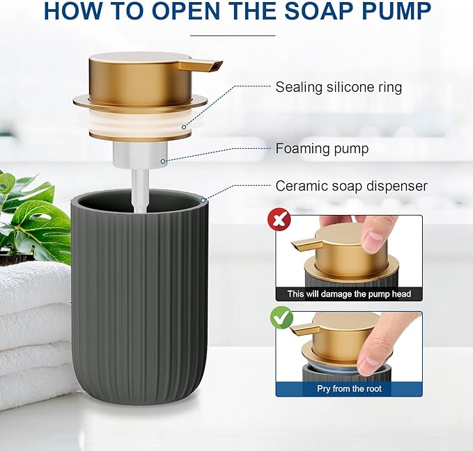 Ceramic Foaming Soap Dispenser, 12 oz Bathroom Foam Hand Soap Dispenser, Refillable Lotion Soap Dispenser with Removable Pump for Kitchen Hand Wash Dispenser, Modern Home Decor (2Pack-Matte Grey)