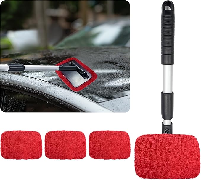 Ziciner Car Windshield Cleaner, Microfiber Auto Cleaning Wiper with Aluminum Extendable Handle and 2 Washable Reusable Cloth Pad Head, Universal Vehicle Interior Exterior Cleaner Kit (Red-Rectangle)