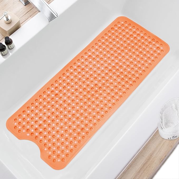 Bath Tub Shower Mat, Non Slip Bathtub Floor Liner Mats with Suction Cups and Drain Holes, Machine Washable Bathmat for Bathroom Floor Safety, 40 x 16 Inch, Clear Orange