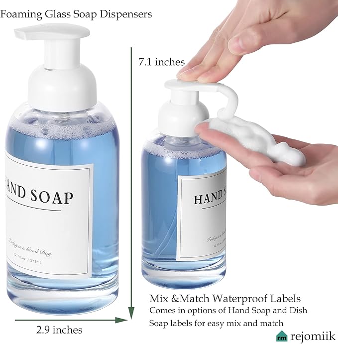 rejomiik 2 Pack Foaming Soap Dispenser Thick Glass Foam Hand Soap Dispenser for Bathroom or Kitchen Sink, 13 oz Clear Pump Bottles for Hand soap, Body Wash, White