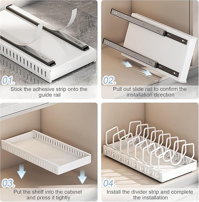 2 Pack Pull Out Pots and Pans Organizer Rack for Cabinet and Countertop, Pull Out Cabinet Organizer with 8 Adjustable Dividers, Kitchen Storage for Pot Lid, Dishes, Bakeware, Pots and Pans, White