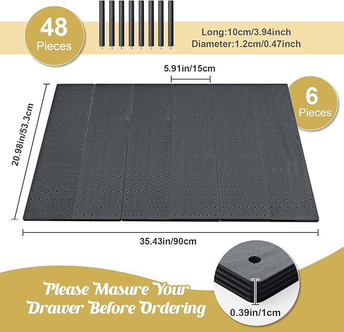 Kigley 6 Pcs Wood Pegboard Drawer Organizer with 48 Pegs Wood Peg Board System Peg Drawer Organizers for Kitchen Dishes Plate Pegboard Food Containers(20.98x5.91,Dark Gray)