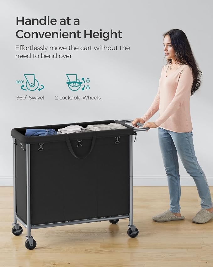 SONGMICS Laundry Basket with Wheels, 3-Section Rolling Laundry Hamper, 52.8 Gallons (200 L), Removable Liner, Steel Frame with Handle, 35.8 x 15.4 x 31.9 Inches, Ink Black URLS005B01