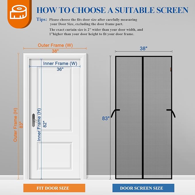 Magnetic Screen Door, Fits 36'' x 82'' Door, Scratch-Proof Polyester, Classic Middle-Opening, Keep Annoying Creatures Out, Pet Friendly Mesh, Hands-Free Entry with Strong Magnets Auto-Closure, Grey
