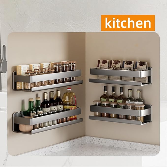 Adhesive Wall Mount Spice Rack Carbon Steel, No-Drill Dark Gray Spice Organizer, Multi-Purpose Kitchen Bathroom Storage Shelf for Countertop Cabinet