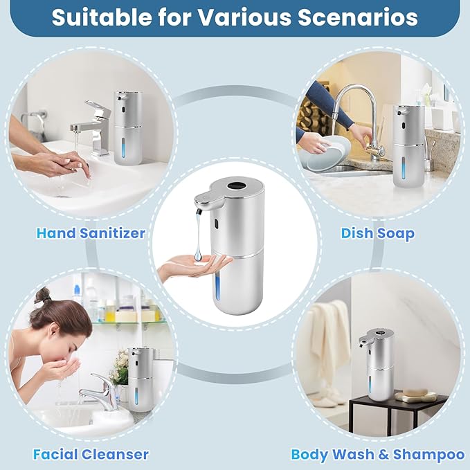 Automatic Soap Dispenser, Touchless Liquid Soap Dispensers, USB Rechargeable, 6-Level Adjustable Volume Control, 12.8oz/380ml, Wall Mount for Kitchen, Bathroom, Free Liquid Dispenser Stickers (Silver)